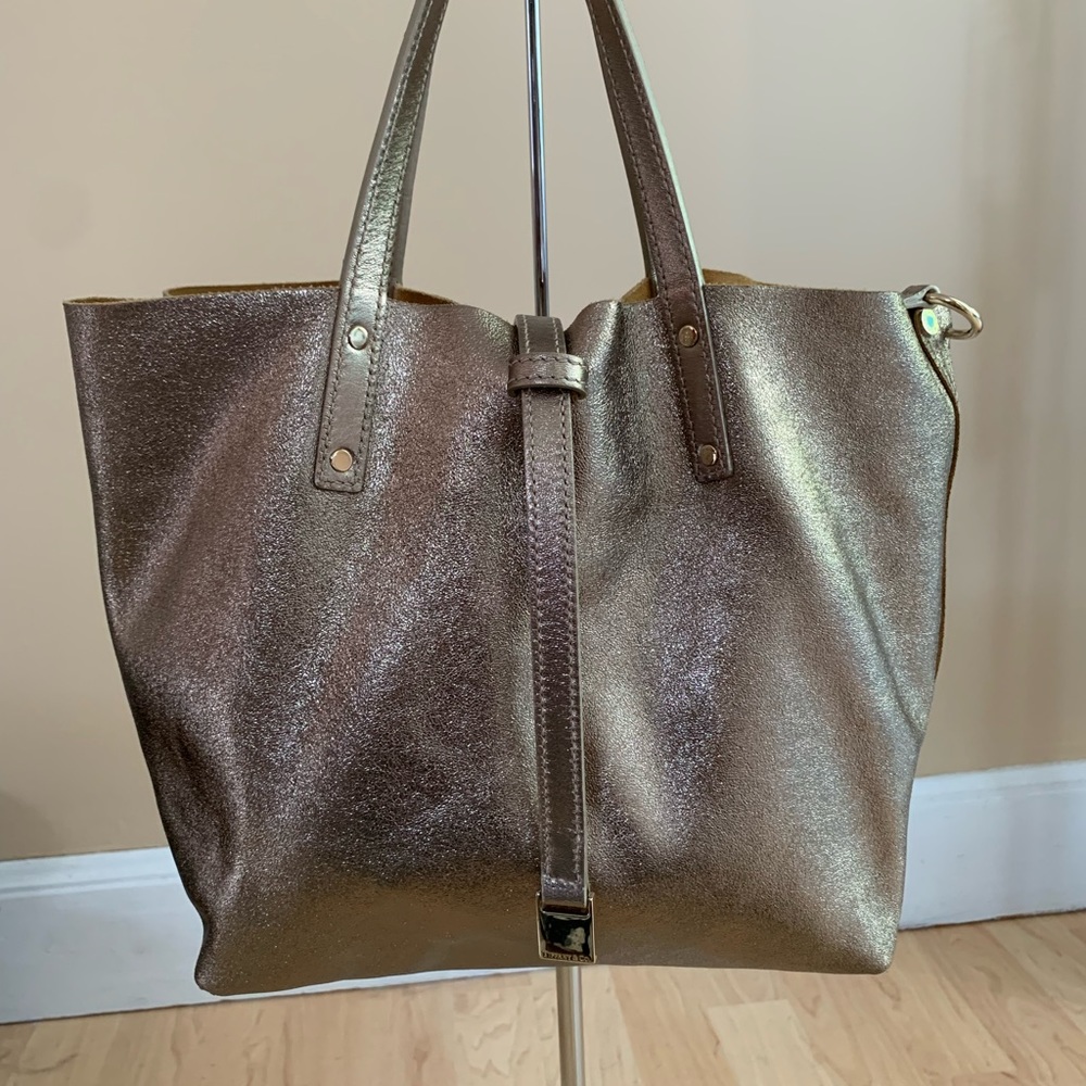 TIFFANY AND CO Metallic Reversible Tote Bag w clutch Gold and Yellow/Camel EUC